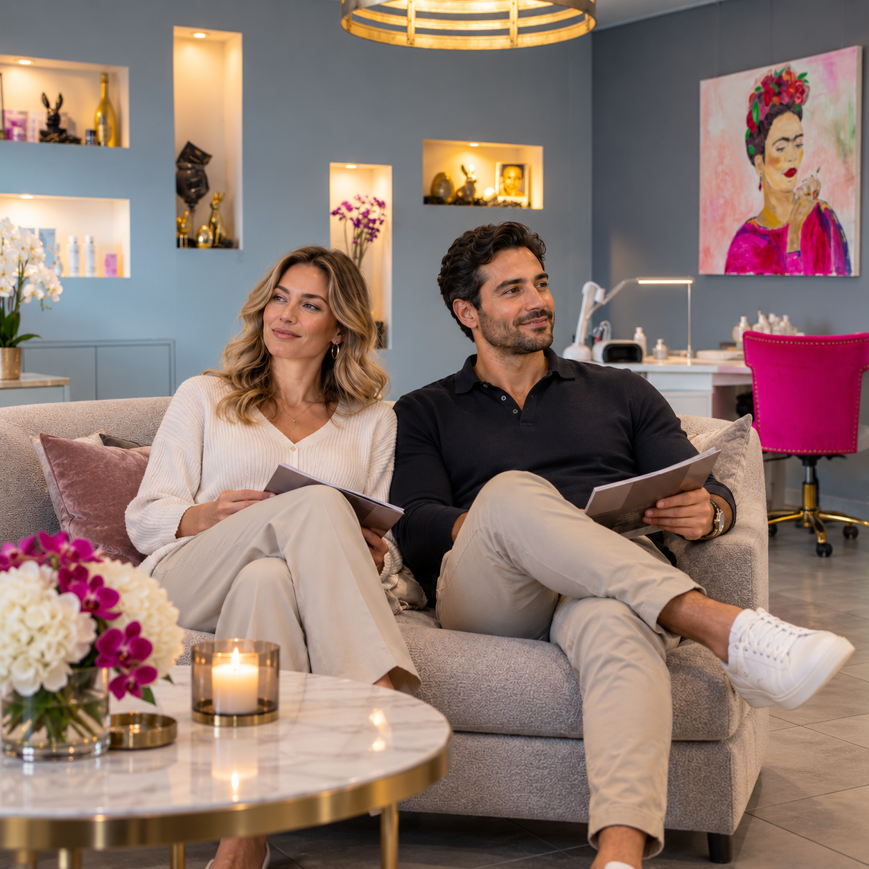 Frau und Mann entspannen gemeinsam auf dem Sofa im Studio